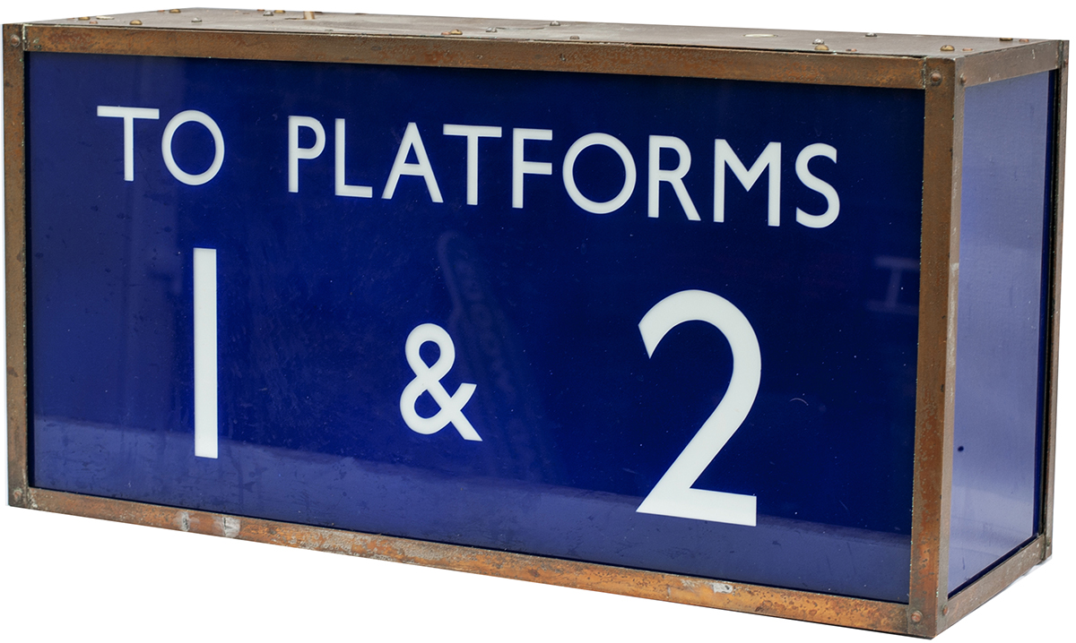 LNER illuminated hanging sign WAY OUT/ TO PLATFORMS 1& 2, manufactured from brass with blue glass