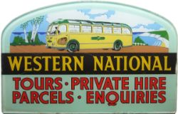 Bus advertising sign WESTERN NATIONAL TOURS PRIVATE HIRE PARCELS ENQUIRIES with a pictorial image of