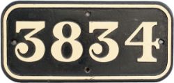 GWR cast iron cabside 3834 ex GWR CHURCHWARD 2-8-0 built at Swindon in 1941. Allocations included