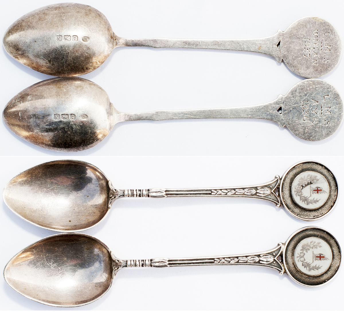 LMS silver spoons, a pair, both with enamel circular Coat Of Arms to top. One is hand engraved LMS