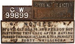 A trio of GWR cast iron signs to include: GWR pre grouping wagonplate GW 99899, a signal box speed