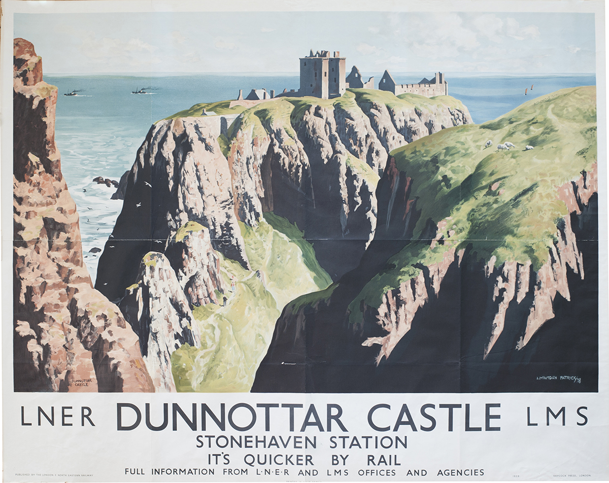 Poster LNER/LMS DUNNOTTAR CASTLE STONEHAVEN STATION ITS QUICKER BY RAIL by J McIntosh Patrick.