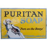 Enamel advertising pictorial sign PURITAN SOAP with some expertly carried out restoration to the R