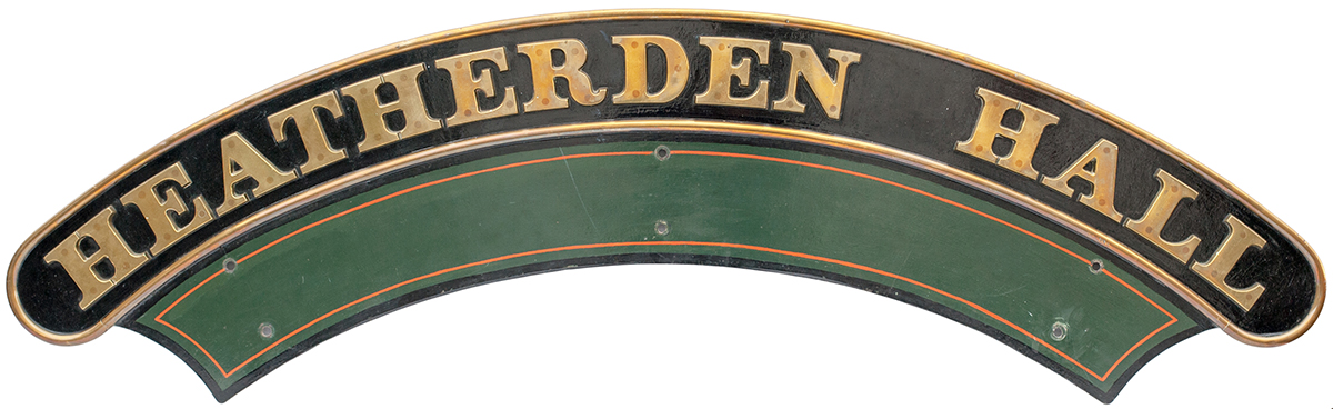 Nameplate HEATHERDEN HALL ex GWR Hall 4-6-0 6946, built Swindon 1942. Shedded at 86C Cardiff