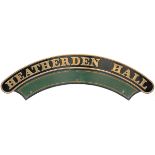Nameplate HEATHERDEN HALL ex GWR Hall 4-6-0 6946, built Swindon 1942. Shedded at 86C Cardiff