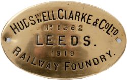 Worksplate oval engraved brass HUDSWELL CLARKE & CO LTD NO 1362 LEEDS 1919 measuring 13in x 8in.