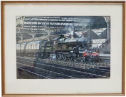 Original watercolour painting on board of GWR Castle 4-6-0 Pendennis Castle 4079 ready to depart