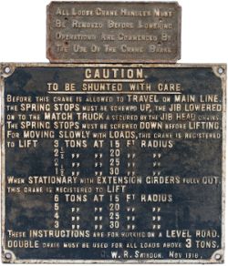 GWR cast iron crane notice re BEFORE THIS CRANE IS ALLOWED TO TRAVEL ON THE MAIN LINE etc dated