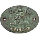 GWR tenderplate 2316 3500 GALLONS SWINDON. Oval cast iron in totally ex loco condition.