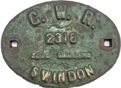 GWR tenderplate 2316 3500 GALLONS SWINDON. Oval cast iron in totally ex loco condition.