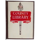 Enamel advertising sign COUNTY LIBRARY, double sided with wall mounting flange. Measures 18in x 13in