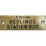 GWR brass shelf plate FROM BEDLINOG STATION BOX measuring 4.75in x 1.5in. Machine engraved with