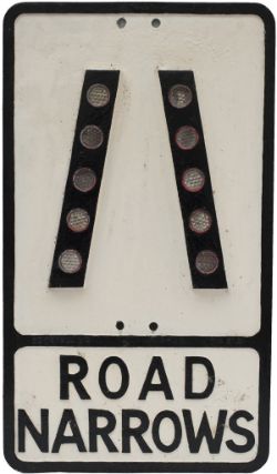 Road sign cast aluminium ROAD NARROWS complete with fruit gum reflectors and Gowshall Ltd cast