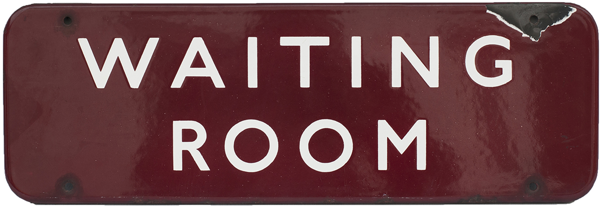 BR(M) FF enamel doorplate WAITING ROOM measuring 18in x 6in. In good condition with one chip