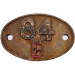 Shedplate 84E TYSELEY 1950-1963. In lightly cleaned condition with traces of red paint.