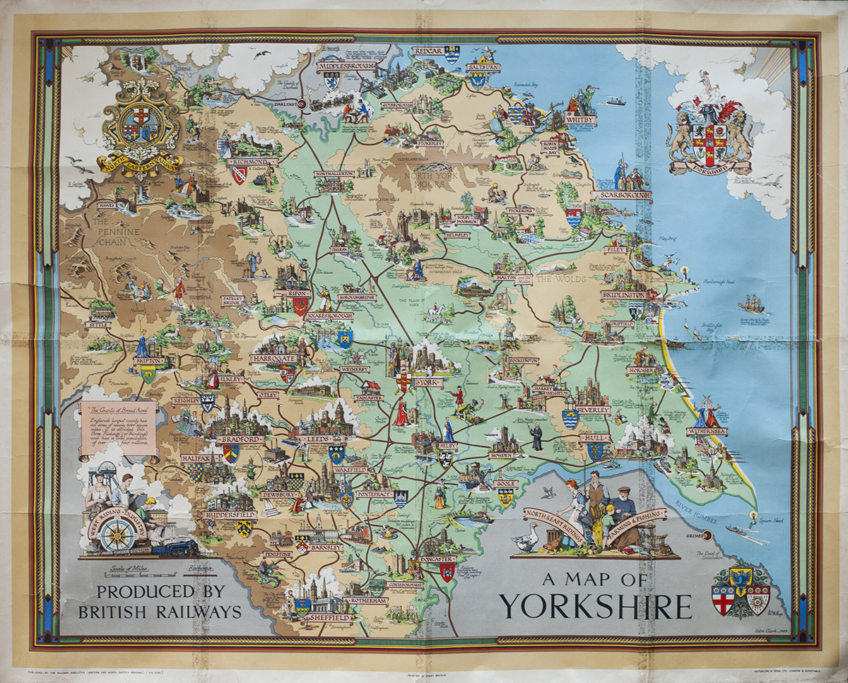 Poster BR A MAP OF YORKSHIRE by ESTRA CLARK circa 1949. Quad Royal 40in x 50in. In fair condition