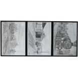 Framed and glazed pencil drawings by R.E. RUFFEL to include: LYDNEY MPD showing 1406, 1616, 1612 and