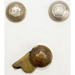 MARYPORT & CARLISLE RAILWAY buttons and button whistle. 2x nickel plated 22mm buttons and a button
