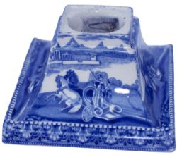 LMS Hotels china inkwell in a blue glaze pattern, base marked LMS HOTELS CAULDON ENGLAND. Measures