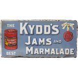 Enamel pictorial advertising sign THE KYDDS JAMS AND MARMALADE FRODSHAM CHESHIRE, some corrosion