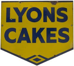 Advertising enamel LYONS CAKES, blue on yellow enamel, measuring 17.5in x 15.5in. In good original