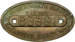 LNER cast brass 9x5 works numberplate 68361 Built Darlington 1892 Ex Wordsell J73 0-6-0T, brass