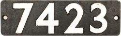 Smokebox numberplate 7423 ex GWR 0-6-0 PT built at Swindon in 1937. Shedded at 86J Aberdare and