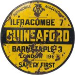 AA motoring enamel road sign GUINEAFORD ILFRACOMBE 7 BARNSTAPLE 3 LONDON 196 SAFETY FIRST.
