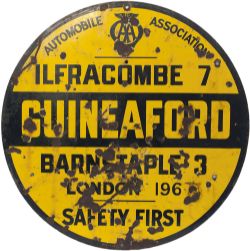 AA motoring enamel road sign GUINEAFORD ILFRACOMBE 7 BARNSTAPLE 3 LONDON 196 SAFETY FIRST.