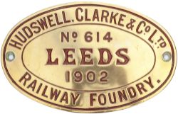 Worksplate oval engraved brass HUDSWELL CLARKE & CO LTD No 614 1902 LEEDS ex 0-4-0 ST named