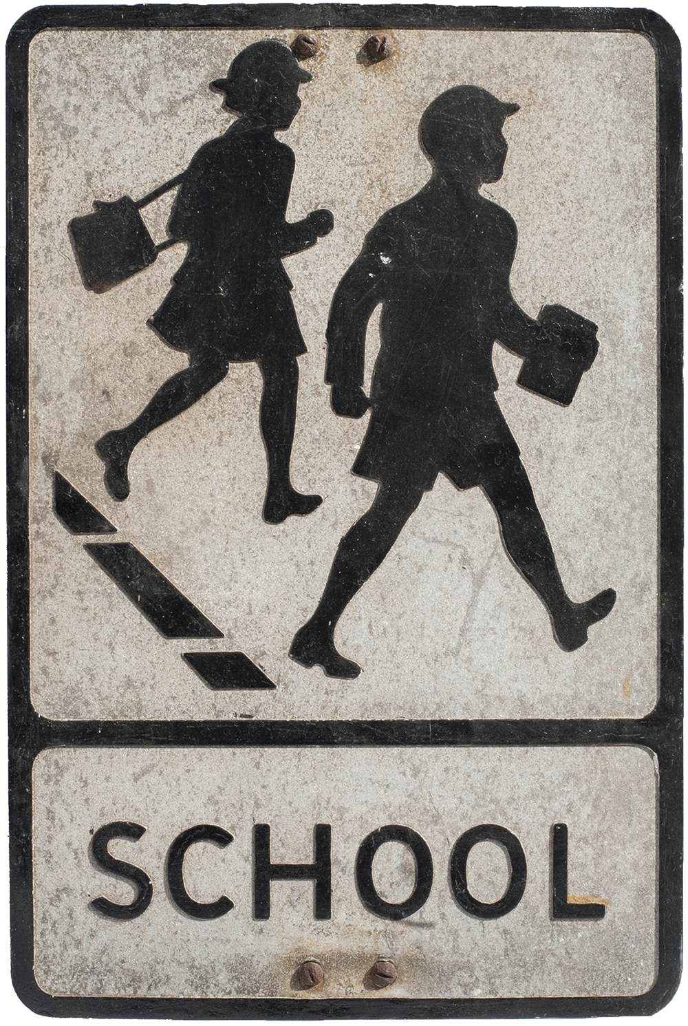 Motoring road sign pressed aluminium SCHOOL measuring 21in x 14in. Totally original condition with