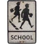 Motoring road sign pressed aluminium SCHOOL measuring 21in x 14in. Totally original condition with