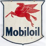 Screen printed aluminium motoring sign MOBILOIL, double sided, measuring 24in x 24in. In good