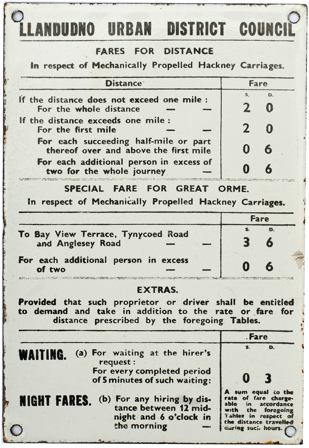 Taxi enamel fare sign LLANDUDNO URBAN DISTRICT COUNCIL FARES FOR DISTANCE IN RESPECT OF MECHANICALLY