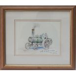 Original pencil and crayon sketch of a steam traction engine signed by the artist TERENCE CUNEO.