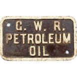 GWR cast iron sign G.W.R. PETROLEUM OIL. In original condition measuring 6in x 3.5in.