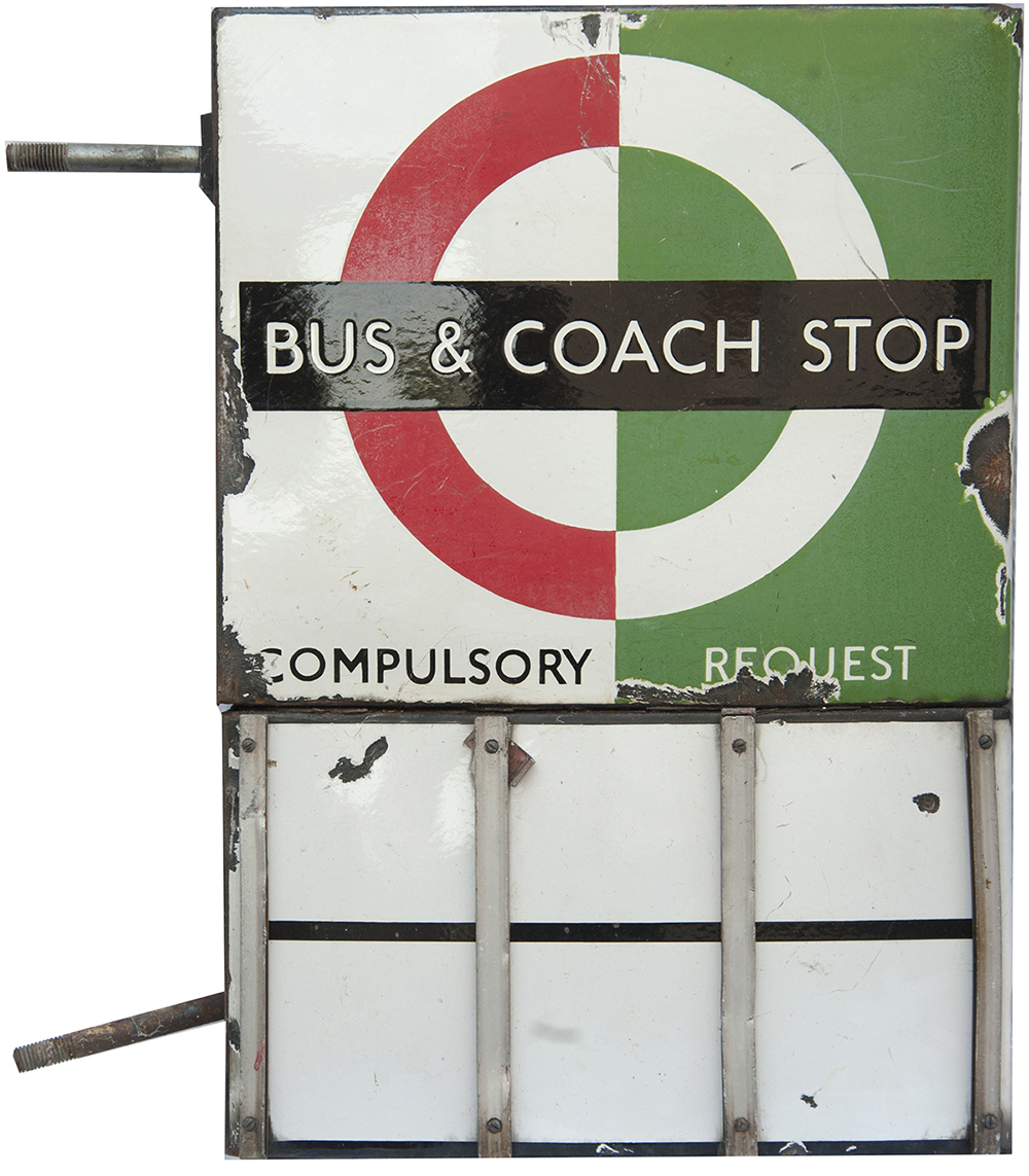 London Transport bus enamel sign BUS AND COACH STOP COMPULSORY/REQUEST complete with its original