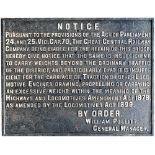 Great Central Railway cast Bridge Restriction sign, 11 lines of text signed William Pollitt