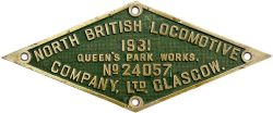 Worksplate diamond shaped cast brass NORTH BRITISH LOCOMOTIVE COMPANY 1931 No 24057, ex GWR 0-6-0 PT