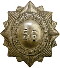 South Eastern and Chatham Railways Police helmet plate badge. Pressed brass with nickel plated