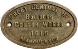 Great Central Railway cast brass worksplate Builders Gorton Works 1915. EX Robinson L3 2-6-4T no