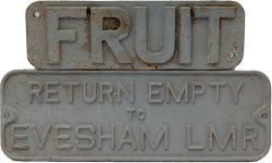 Wagon plates cast iron a pair RETURN EMPTY TO EVESHAM LMR, 20in x 7in, and a FRUIT plate off the