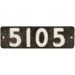 Smokebox numberplate 5105 ex GWR 2-6-2 T built at Swindon in 1929. Allocations included 84F