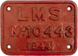 LMS cast iron tenderplate No 10443 1944 ex Stanier 4-6-0 44818, withdrawn from Newton Heath in