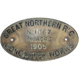 Great Northern Railway engraved brass Locomotive worksplate No 1067 Doncaster 1905 Ex Ivatt C1 class