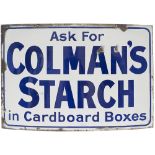 Advertising enamel sign ASK FOR COLMAN'S STARCH IN CARDBOARD BOXES. Measures 24in x 16in and is in