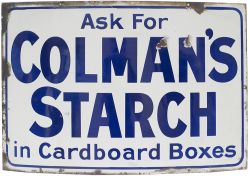 Advertising enamel sign ASK FOR COLMAN'S STARCH IN CARDBOARD BOXES. Measures 24in x 16in and is in