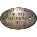 Great Northern Railway engraved brass Locomotive worksplate No 1389 Doncaster 1913 Ex Ivatt /