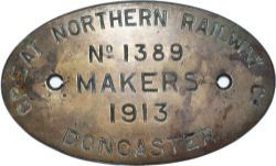 Great Northern Railway engraved brass Locomotive worksplate No 1389 Doncaster 1913 Ex Ivatt /