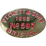 Worksplate oval engraved brass PECKETT & SONS BRISTOL No 597 1895 ex type R1 0-4-0 ST. Originally